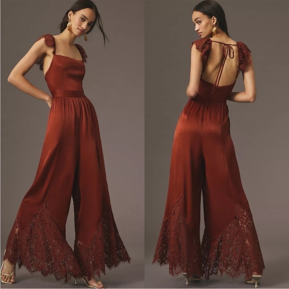 Anthropologie Lace Mix Jumpsuit Brown Pockets Tie Back Back Zip Sz 2 NEW